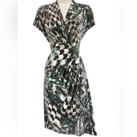 Flattering ruched brown tan and aqua wrap geometric print dress size 10 - Picture 1 of 8